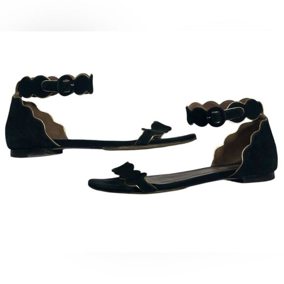 Tabitha Simmons Black Suede Scallop Strap Sandals Leather Gold Trim Size 36 - Picture 11 of 11